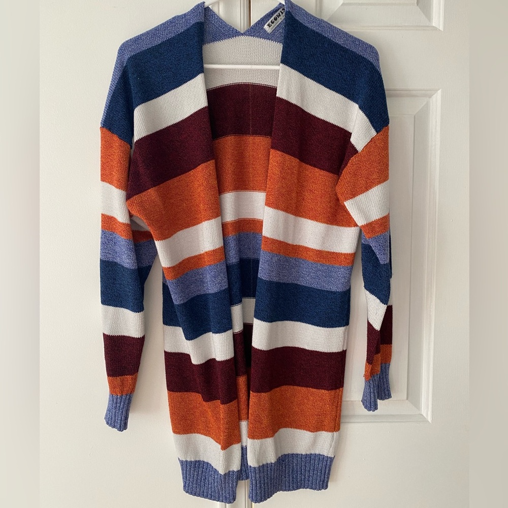ECOWISH Womens Cardigan Color Block Striped Long Sleeve Open Front